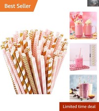 100 Biodegradable Paper Straws in Pink/Gold - Perfect for Elegant Celebrations