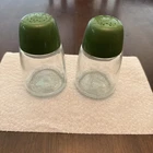 Two VTG Glass Federal Housewares set Salt and pepper shakers Avocado Lids USA