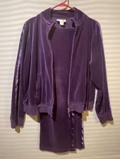 Vtg 2pcs Purple Velour Velvet Track Suit Satin Trim Zip Y2K Womens Sz XL Mob 90s