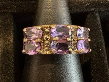 925 Sterling Silver ring w/six large Amethyst Marcasites Onyx size 8