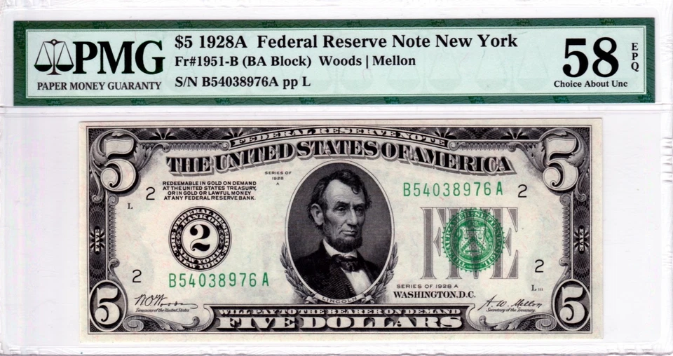 ✯VERY RARE 1928 $5 NUMERICAL Gold on Demand Note✯ LOW S/N & PRINTING PMG 58 EPQ✯ - Image 2 of 4