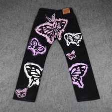 Levis Jeans Mens 30x30 Black Denim 505 Custom Hand Painted Pink Butterfly Art