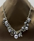 Chunky Silver Tone Charm Necklace | Grey Pearl & Mixed Bead Statement