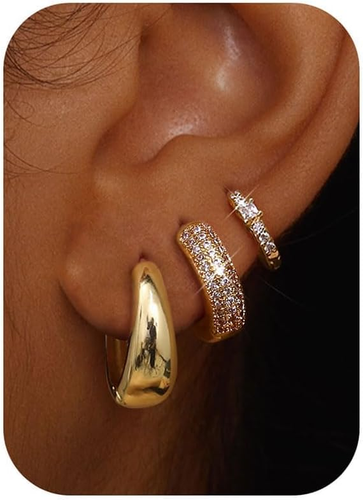 Set 3 Paia Orecchini A Cerchio Oro 14K Placcato – Piccoli Con Diamanti E Lucidi, Anallergici Per Fori Multipli