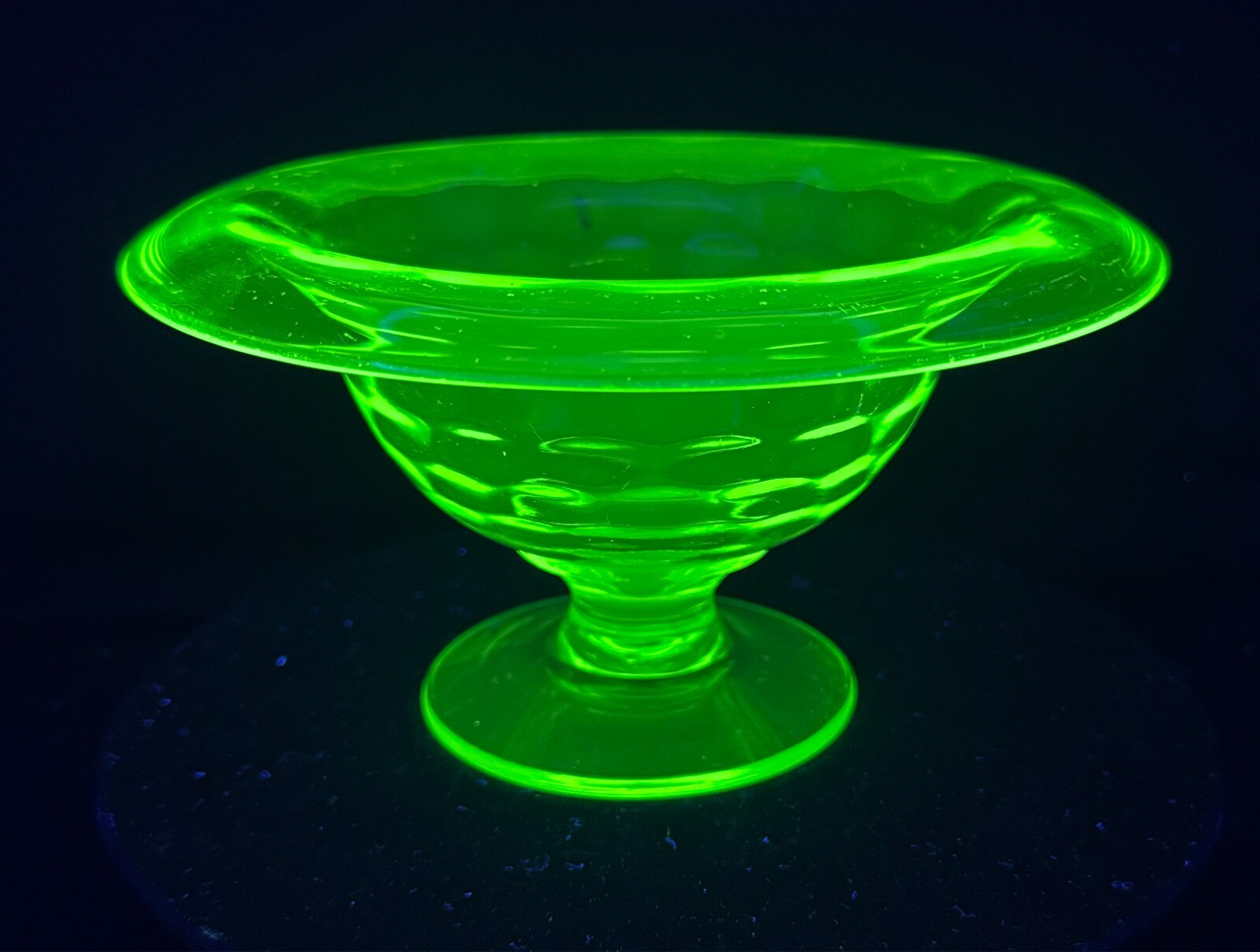 Vintage Uranium Glass Thumbprint Compote Bowl Green Depression Era Centerpiece