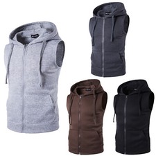 Men's Sleeveless Workout Hoodie Zip-up Vests Gym Bodybuilding Hooded Tank Tops