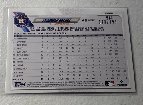 2021 Topps Series 2 FRAMBER VALDEZ Orange Ice Parallel #’d 123/299 Astros #514 - Picture 2 of 3