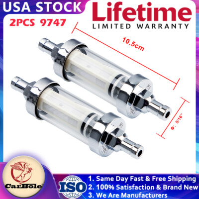 2PCS 9747 5/16'' Reusable Chrome Glass Clearview Fuel Filter Petrol Diesel Inline