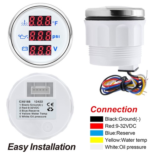 52MM Impermeable 3 en 1 Calibre Temperatura del Agua/Presión del Aceite/Voltímetro con Sensor - Imagen 8 de 10