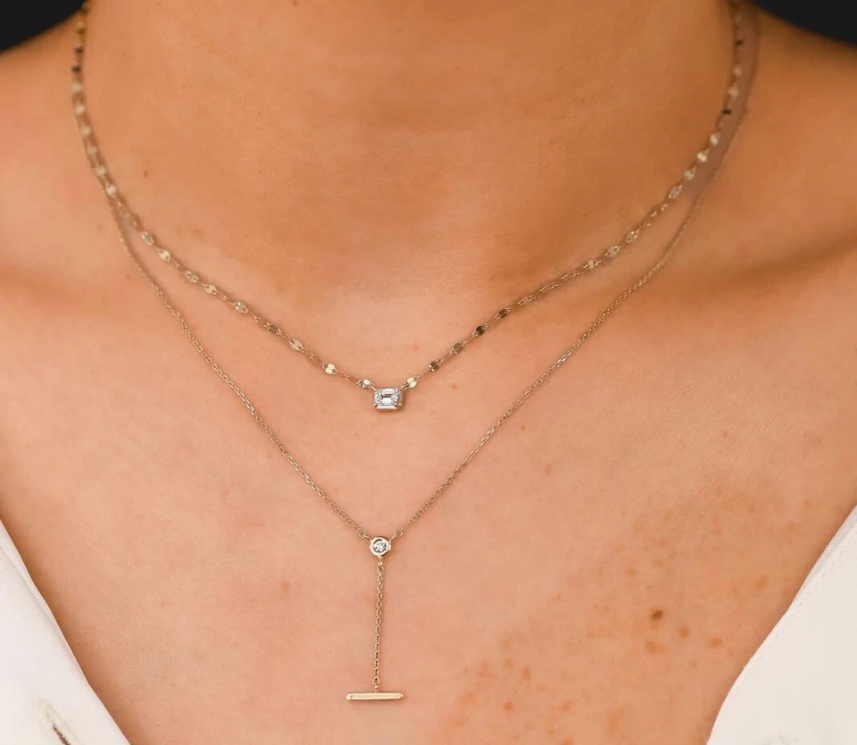 14K White Gold Diamond Lariat Y Drop Necklace Natural 0.03 CT Adjustable - Image 2 of 3