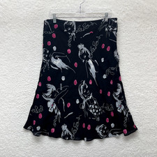 90s Y2K Vintage Oscar De La Renta Midi Skirt 14 31 32 Black Mesh Graphic Print