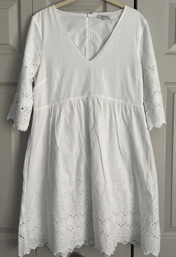 Madewell Eyelet Lattice Dress White 100% Cotton Lined 3/4 Bell Sleeve Size 6