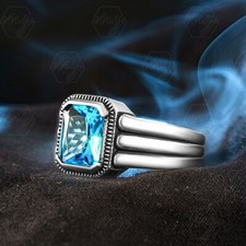 925 Sterling Silver Octagon Aquamarine Stone Turkish Men's Ring