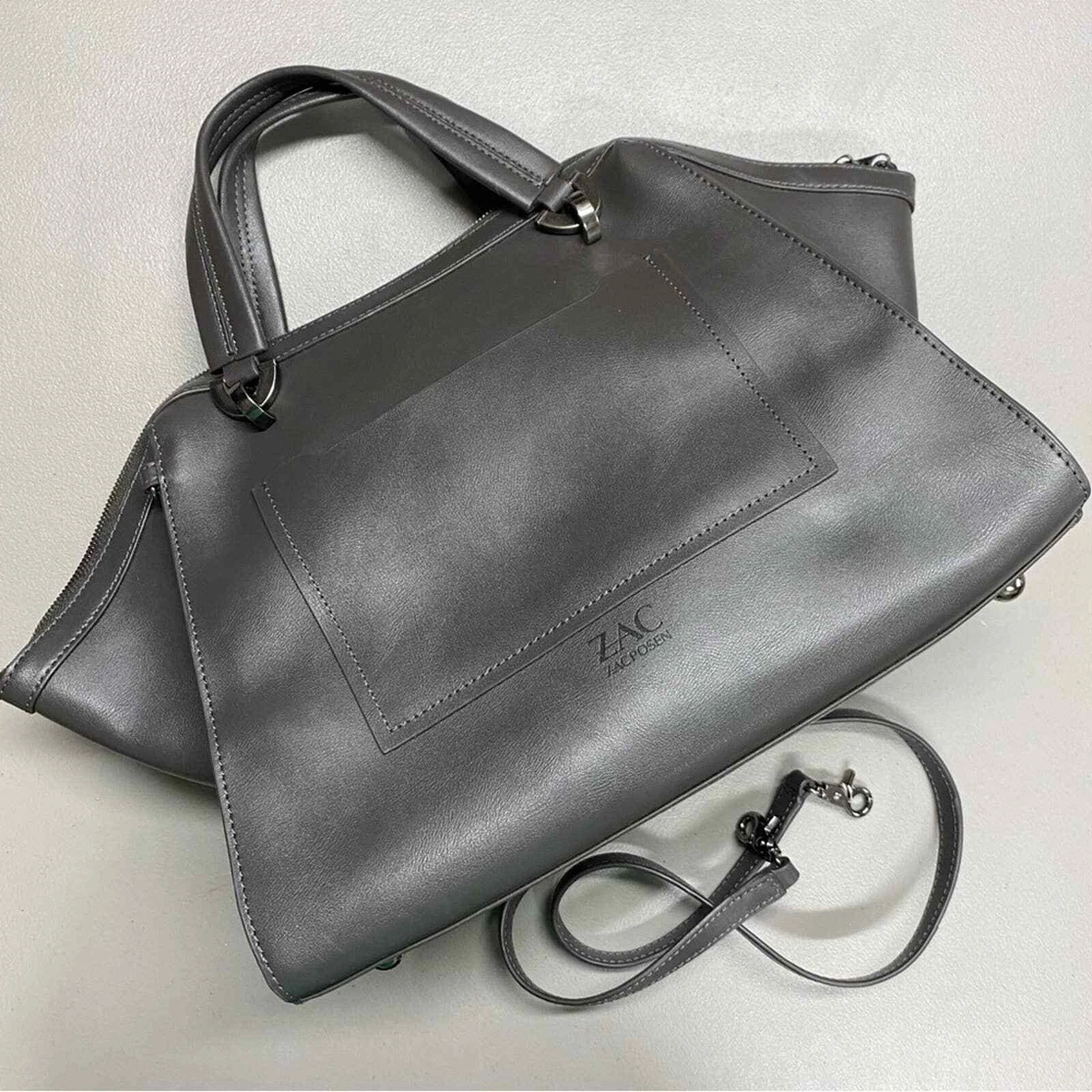 Zac Posen Eartha Purse Bag Handbag Iconic Gray Pewter Hardware Navy Blue  Inside