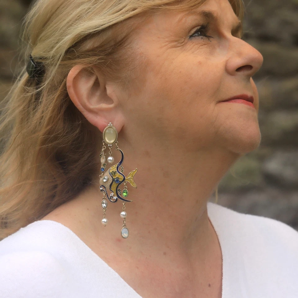 Ohrringe Clip Auf Golden Kerzenständer Fisch Emaille Gelb Blau Bommel X21 - Bild 2 von 4