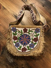 Native American Antique Beaded Both Sides Woodland Ojibwe Flower Hide Purse