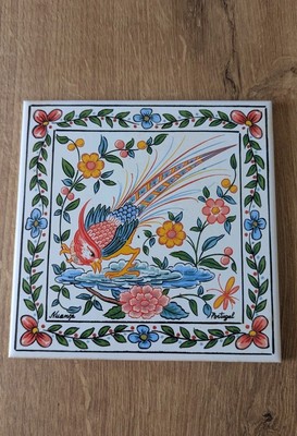 Rustica portugiesischer Fliesenuntersetzer aus Fasan, Vintage Nuance Portugal 15 cm.