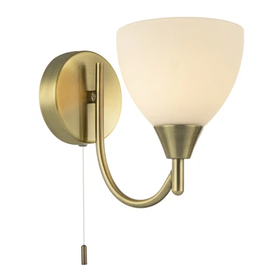 HAPPY HOMEWARES Contemporary Pull Switched Wall Light in Antique Brass with White Glass Shade...