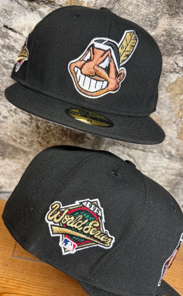 Chapéu preto Cleveland Indians Wahoo rosto de cobre New Era ajustado clube 59Fifty raro! - Imagem 2 de 4