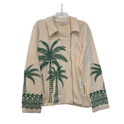 New Chico's Green Moto Cardi Palm Tree Embroidered Zip Sweater Twisted Ivy 4 XXL