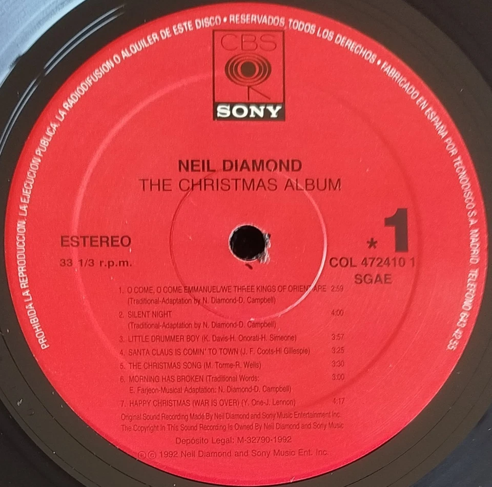 NEIL DIAMOND " THE CHRISTMAS ALBUM " 1992 LP WITH INNER SLEEVE - Image 3 of 4