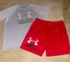 Under Armour UA TECH HYBRID PRINT SS T  Tech Logo Shorts Boys  L   14/16 EUC