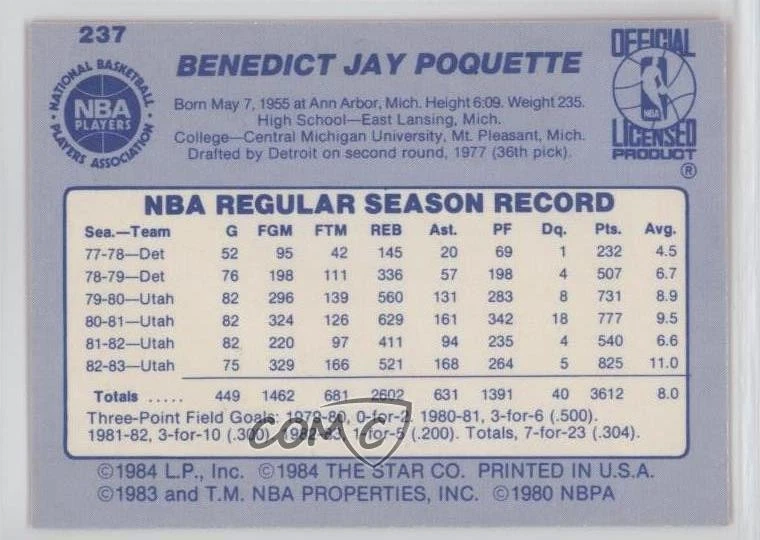 1983-84 Star Ben Poquette #237 - Image 2 of 2