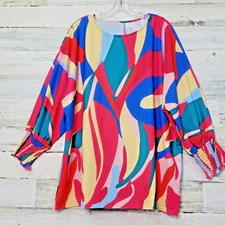 Boutique Blouse Size Large Bold Multicolor Balloon Sleeves 3/4 NWOT Vibrant Top
