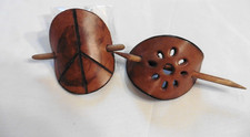 Vintage Lot Of 2 Hippie Bo Ho Style Leather Hair Sticks - Peace Sign Floral