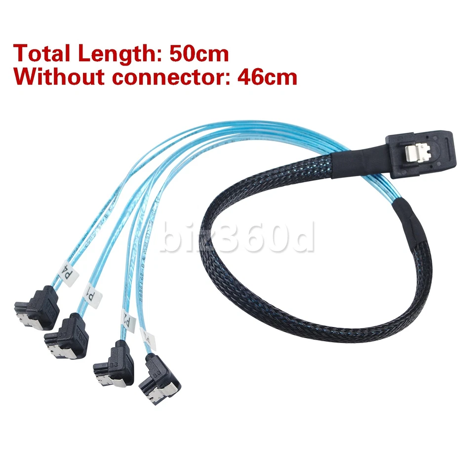 SFF-8087 Mini SAS 36 to 4X SATA cable, Mini SAS to 4 SATA Right Angle cable 0.5m - Image 2 of 4