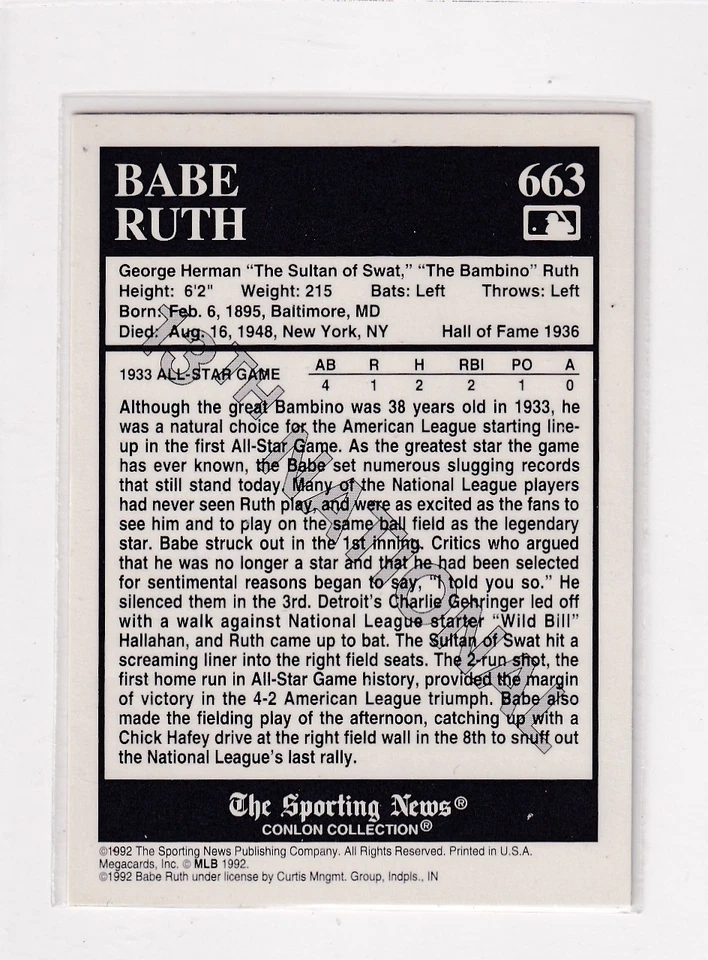 1992 Sporting News Conlon Collection # 663 Babe Ruth Nice Card - Image 2 of 2