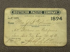 1894 Southern Pacific Co. Employee Pass to Mrs. J.B. Robinson