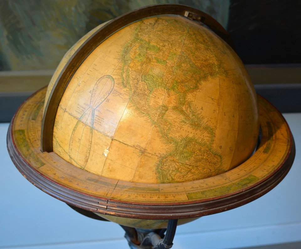Globo antiguo Gilman Joslin 16". Alrededor de 1870. 42" de alto. Soporte de hierro rococó. Foto 3 de 4