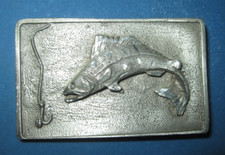 3" long rectangular pewter fishing belt buckle, figural raised trout