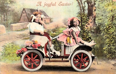 Victorian Easter Card Sassy Cute Girls Model T Ford Toy Car Vtg Postcard E28