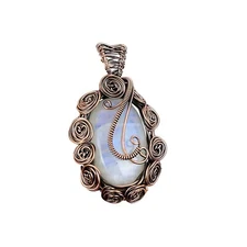 Natural Rainbow Moonstone Copper Daughter Flower Wire Wrapped Pendant Jewelry