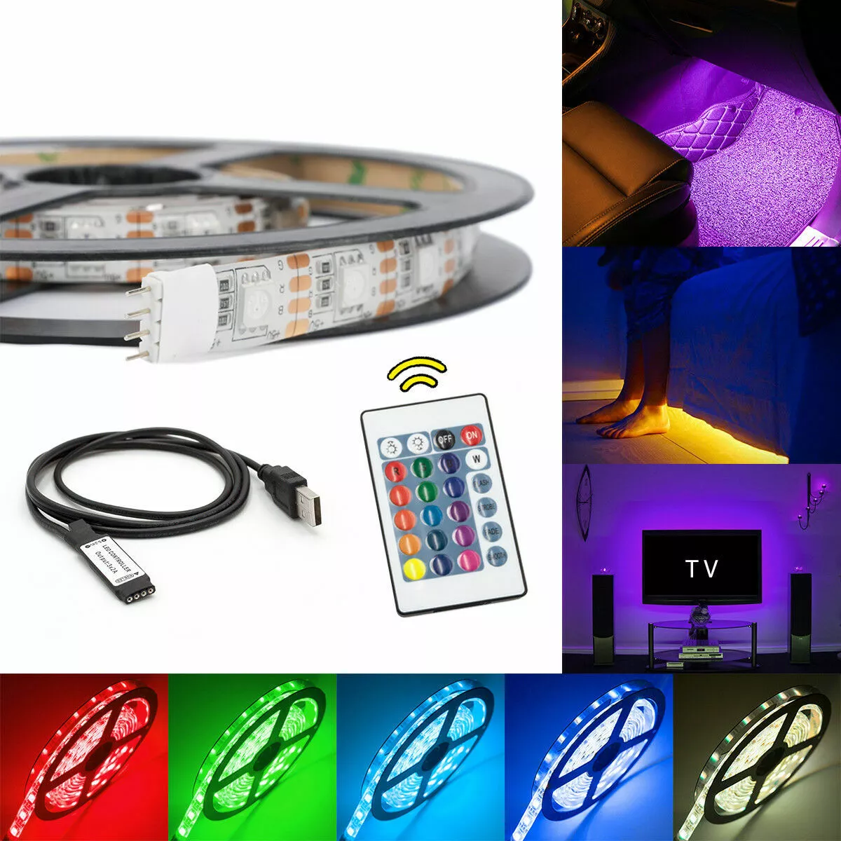 1m 2m 3m 4m 5m USB LED Strip Lights IP65 5050 RGB TV LED Strip + Remote  Control