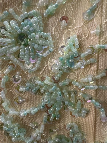 Appliqué Green Beaded Evening Gown Sheer Bodice Embellished Floral Pattern - Picture 6 of 15