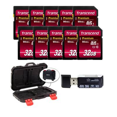 Transcend 32GB Premium Class 10 SDHC Memory Card (10-Pack) + Card Reader & Case!