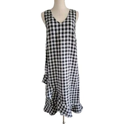 Lord And Taylor LAGENLOOK Linen Ruffle Hem Shift Dress Black White Gingham  Small | eBay
