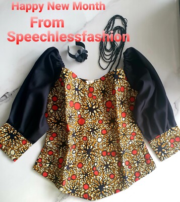 Women's African Ankara Fabric Combo Top Blouse Ladies Ethnic Style 