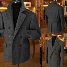 Men Gray Herringbone Tweed Blazer Peacoat Wool Outwear Jacket Coat Fall Winter