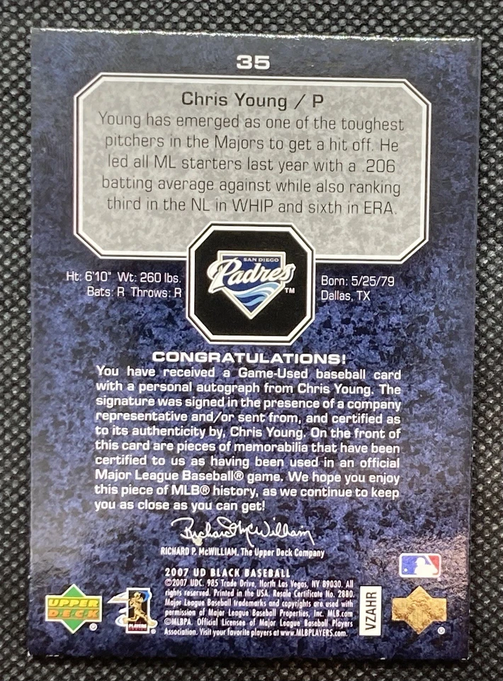 Upper Deck Black Chris Young Auto Jersey Relic SSP Padres All Star /75  - Image 2 of 4