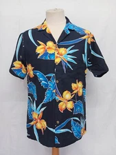 Vtg 60s Barefoot in Paradise Black Floral Hawaiian Aloha Cotton Men's Shirt M