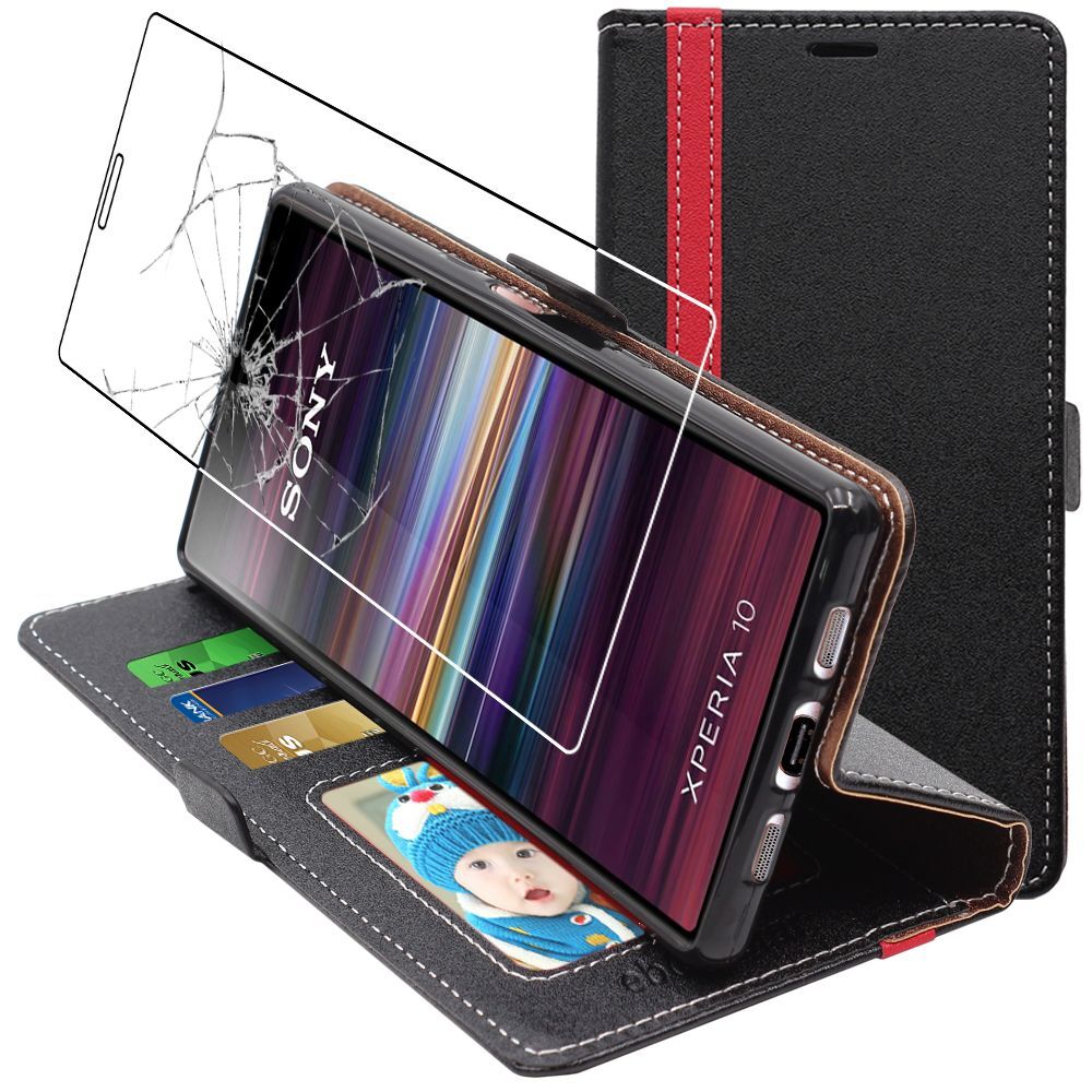 Cover Sony Xperia 10 (2019) Custodia Portafoglio Pelle PU Flip + Vetro Temperato