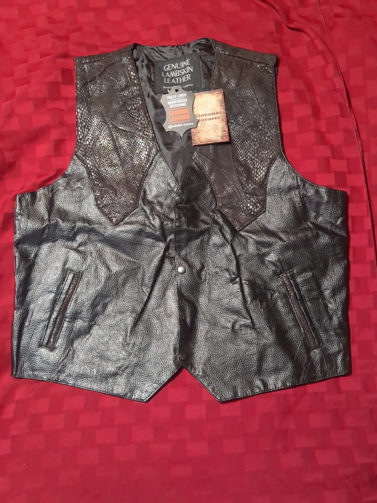 Genuine Leather Giovanni Navarre Stone Patchwork Vest w/Pockets Snaps Size XL