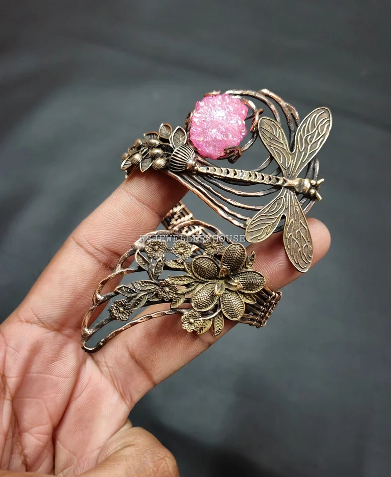 Brazalete Druzy de cuarzo rosa crudo envuelto en alambre joyería brazalete ajustable regalo Foto 4 de 4