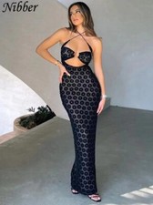 Nibber Solid Color Hanging Neck Maxi Dress Sexy Hollow Perspective Bag Hips Robe