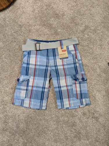 Levis Boys 8 Cargo Shorts Belted Blue Plaid Casual Flat Front Regular Fit Kids