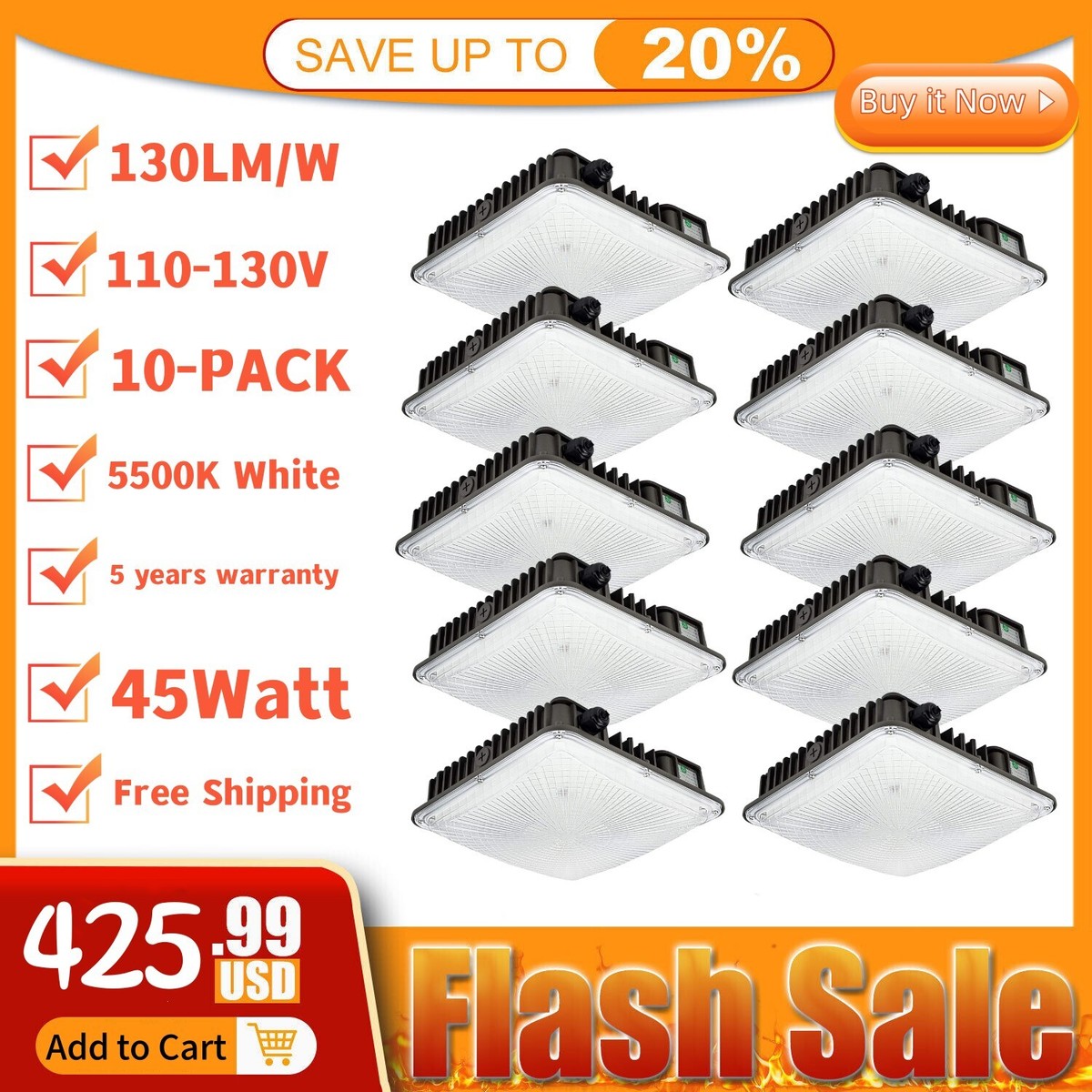 LED Canopy Light 45W 70W Gas Station Carport Ceiling Lights 5500K Daylight  White